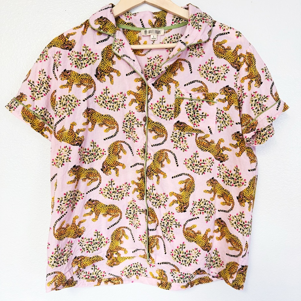 Haute Dreamz Women’s Pink Leopard Print 100% Cotton Pajama Top Button Front